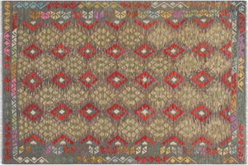 Flat Weave Kilim, Antique, Navaho, Vintage, Handmade, Geometric Kilim Gray Red Hand-Woven Rectangle 100% Wool Area Rug 6 x 8